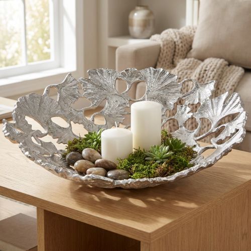 daiktų Dekoratyvinis dubuo sidabro spalvos Ginkgo dubuo metalinis Ø43cm A11cm
