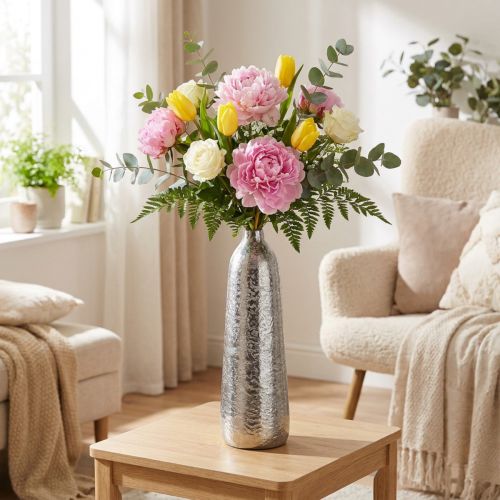 Dekoratyvinė vaza metalinė kalama gėlių vaza sidabrinė Ø9,5cm H32cm | Floristik24.lt