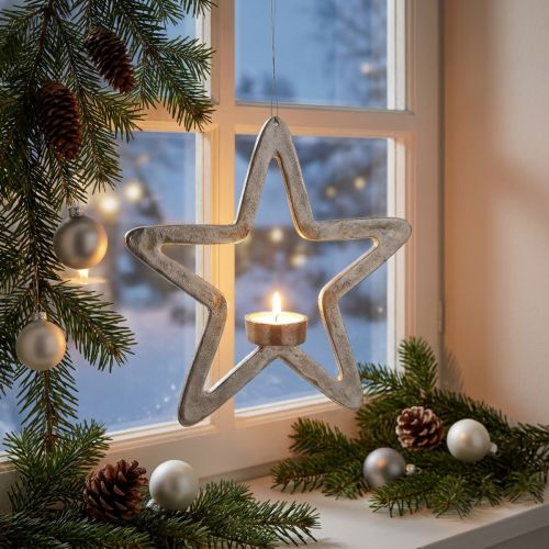 Dekoratyvinis žvaigždės arbatinės žvakės laikiklis metalinis, skirtas pakabinti sidabrą 24cm | Floristik24.lt