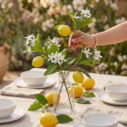 daiktų Deco šakelė citrina ir gėlės dirbtinė šakelė vasaros dekoracija 26cm 4vnt