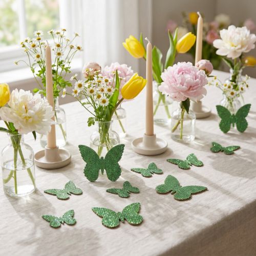 Sklaidos dekoracijos drugelis žalias blizgutis 5/4/3cm 24 vnt | Floristik24.lt