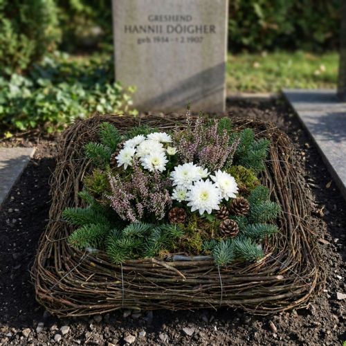 Dekoratyvinė augalų pagalvėlė su natūraliomis šakelėmis, 40x40 cm - idealiai tinka laidotuvių puokštėms ir kapų dekoracijoms, natūralaus rotango dizainas | Floristik24.lt