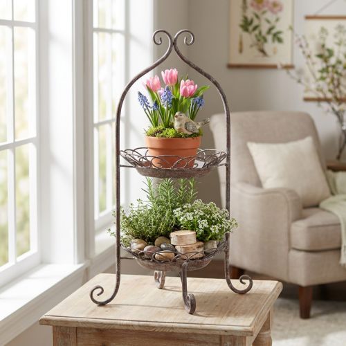 Metalinis etagere 2 pakopų rudai baltas Ø25,5cm 63,5cm | Floristik24.lt