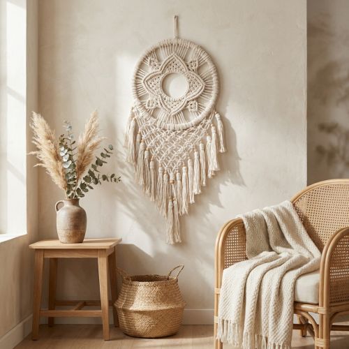 Makramė, sapnų gaudyklė, kreminės spalvos, boho stiliaus sienos dekoracija, rankų darbo, 29 × 72 cm, svetainei ir miegamajam. | Floristik24.lt