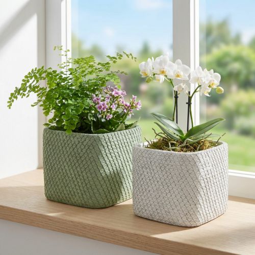Sodintuvas keramikinis baltas žalias reljefinis tinklelis 17x17cm H15cm 2vnt | Floristik24.lt