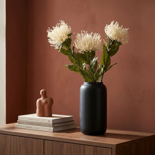 daiktų Smeigtuko pagalvėlė dirbtinės gėlės egzotiškos Protea Leucospermum kremas 73cm 3vnt.