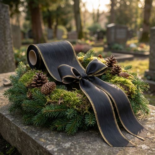 Elegantiška muaro vainiko juostelė, 175 mm juoda su perlų kraštu ir taftiniu pynimu, dekoratyvinė juostelė laidotuvių floristikai, kaspino juostelė, 25 m | Floristik24.lt