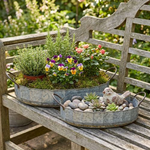 Gėlių dubenėlis, metalinis cinko padėklas, antikvarinis, 2 vnt. rinkinys, ilgis 45 cm / 59 cm | Floristik24.lt