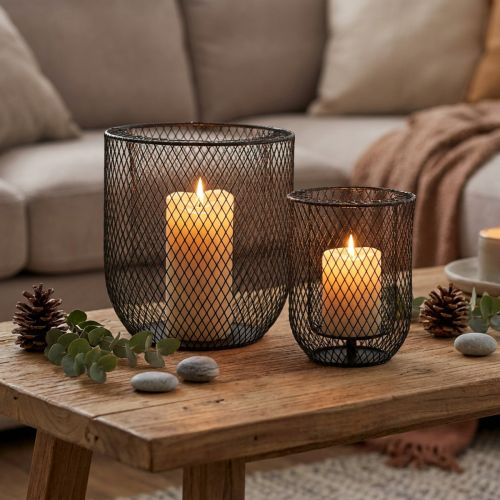 Žvakidė juodos metalinės vielos krepšelis Ø23cm/16cm rinkinys iš 2 vnt | Floristik24.lt