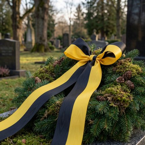 Muaro vainiko juostelė 150 mm geltona-juoda - gedulo juostelė, varčia, dekoracija, klubo juostelė - 25 m ritinėlis | Floristik24.lt
