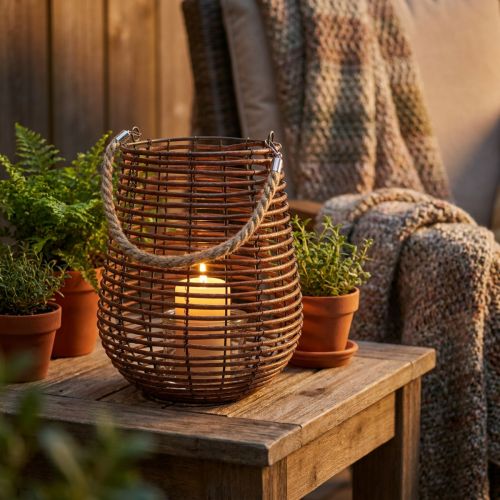 Žvakė krepšelyje, žibintas su rankena, žvakių dekoracija, krepšelio žibintas Ø24cm H34cm | Floristik24.lt