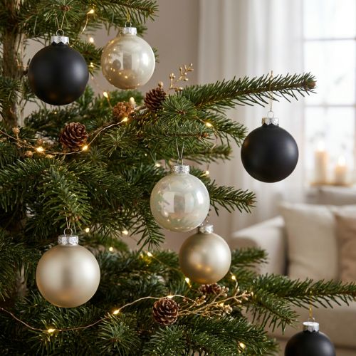 daiktų Bauble, eglutės papuošimai, kalėdinis rutulys juodas/sidabras/perlamutras H8.5cm Ø7.5cm tikras stiklas 12 vnt.