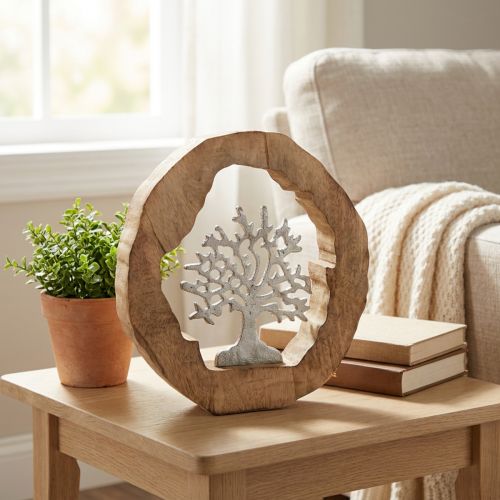 daiktų Deco skulptūrų medis mediniame žiediniame stalo papuošime 22×21×4 cm