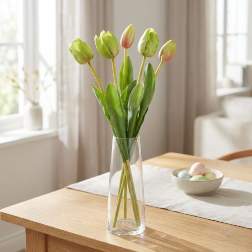 Dirbtinės gėlės tulpės žalia, pavasarinė gėlė 48cm ryšulėlis po 5 vnt | Floristik24.lt