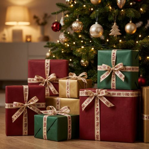 Kalėdinė juostelė "Ho Ho Ho" dovanų juostelė smėlio spalvos 15mm 15m | Floristik24.lt