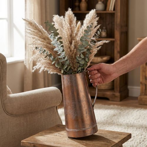Vintažinė dekoratyvinė vaza su vario imitacija, kaimiškas dekoratyvinis ąsotis džiovintoms gėlėms ir dirbtiniams augalams, aukštis 36 cm, plotis 21 cm | Floristik24.lt