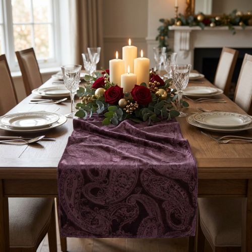 Aksominės juostelės stalo bėgikas Violetinė stalo juostelė Paisley raštas 150mm 3m | Floristik24.lt