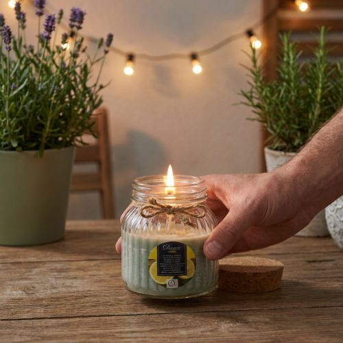 Kvepianti žvakė žvakė stiklinėje citronelinio šalavijo žalios spalvos H11,5cm | Floristik24.lt