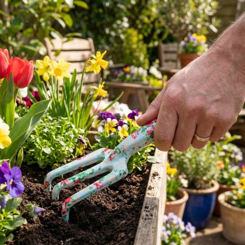 Metalinis rankinis grėblys, grėblys su rožių motyvu, mini grėblys L23cm | Floristik24.lt