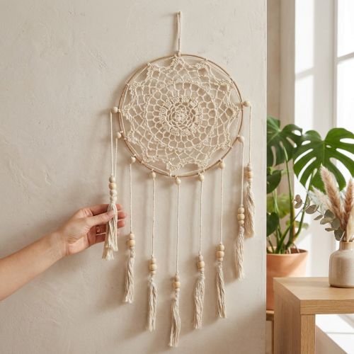 Makrame, sapnų gaudyklė, sieninis pakabinamas dekoras, bohemiškas, rankų darbo, kreminės spalvos, Ø22cm, aukštis 54cm | Floristik24.lt