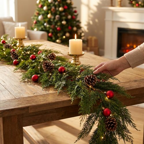 Žalios tujų eglės girlianda su vaisiais, dekoratyvinis kabantis ornamentas, kalėdinė dekoracija, šventinė dirbtinė girlianda, 175 cm ilgio | Floristik24.lt