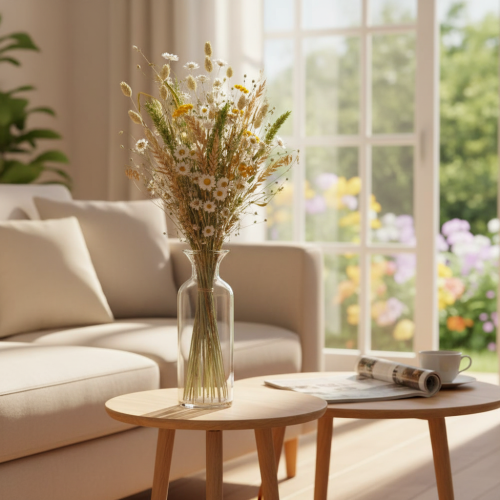 daiktų Džiovintų gėlių puokštė, elegantiška džiovintų gėlių puokštė svetainei, 50 cm