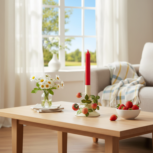 daiktų Metalinė žvakidė su braškių dekoracija, vasarinio kremo spalvos, aukštis 13 cm