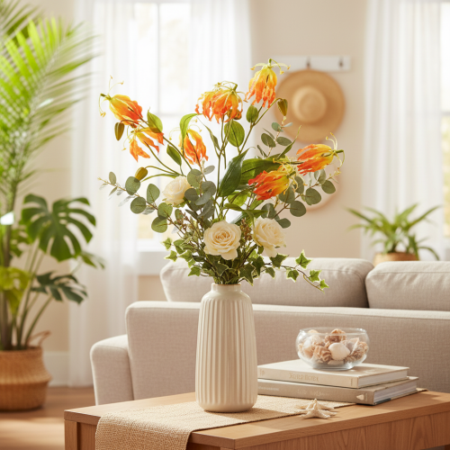 Dirbtinės oranžinės gėlės „Gloriosa“ su ilgais stiebais vazoms, 80 cm, 3 vnt. | Floristik24.lt