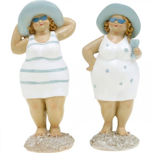 Floristik24 Dekoratyvinė damų figūrėlė paplūdimyje, vasaros puošmena, maudymosi figūrėlės su kepure mėlyna/balta H15/15,5cm rinkinys iš 2 vnt.