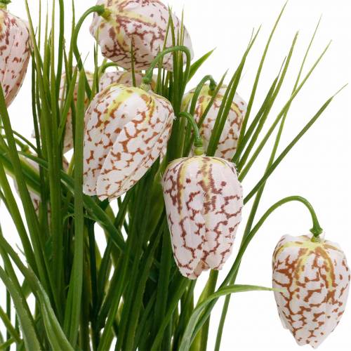 daiktų Dirbtinė šachmatų lentos gėlė vazonuose, pavasarinė gėlė Fritillaria, šilko gėlė raudona balta