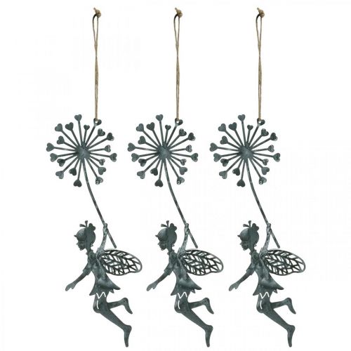 Floristik24 Pavasarinė puošmena, elfas su kiaulpiene, dekoracinis pakabukas gėlių fėja, metalinė dekoracija 3vnt