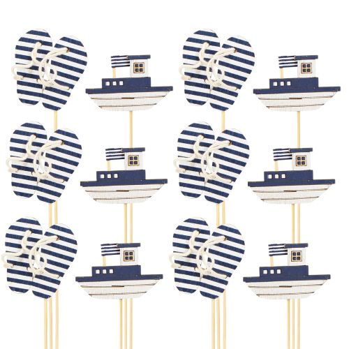 daiktų Garden Stake Maritime medinės šlepetės Valtis Mėlyna Balta 8cm 12 vnt
