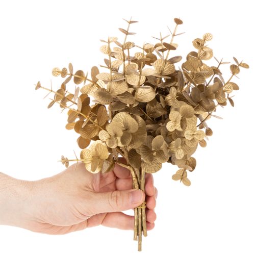 Dirbtinis eukalipto augalas, aukso spalvos dekoratyvinė šakelė stalo dekoravimui, 24 cm | Floristik24.lt