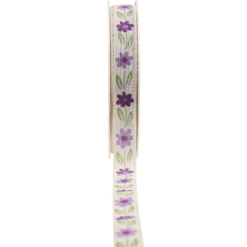 Dovanų kaspinas gėlės medvilninis kaspinas violetinis baltas 15mm 20m