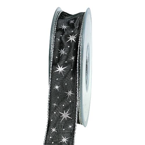 Floristik24 Dovanų juostelė su vielos kraštu pilka su žvaigždutėmis 25mm 20m