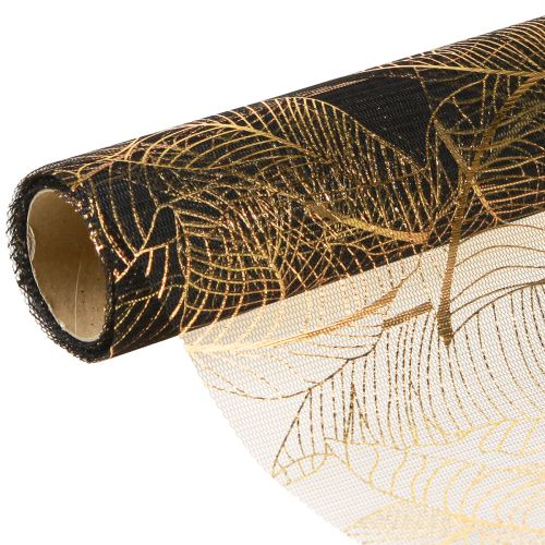 Floristik24 Organza staltiesė juoda-auksinė – elegantiškas dekoratyvinio audinio ritinys su lapų raštu 48 x 450cm