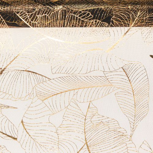 daiktų Organza staltiesė juoda-auksinė – elegantiškas dekoratyvinio audinio ritinys su lapų raštu 48 x 450cm