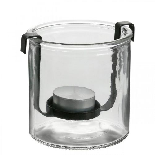 Žibinto stiklas su arbatinės žvakidės laikikliu juodo metalo Ø9×H10cm
