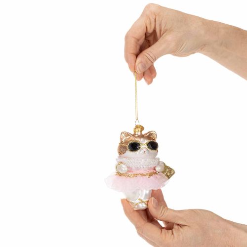 Katės formos stiklinės dekoracijos su tiulio sijonėliu kaip Kalėdų eglutės dekoracijos 11 cm 2 vnt. | Floristik24.lt