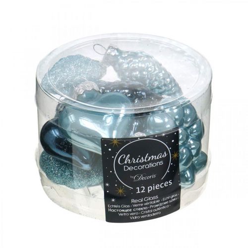 Floristik24 Mini eglutės papuošimai mišrainė stiklo mėlyna, blizgučiai asorti 4cm 12vnt