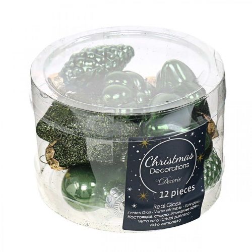 Floristik24 Mini kalėdinės eglutės dekoracijos mišrainės žalio stiklo kalėdinių papuošimų asorti 4cm 12vnt