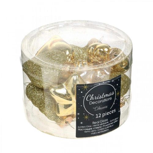 Floristik24 Mini eglutės papuošimai maišyti stiklo aukso, perlų spalvų asorti 4cm 12vnt