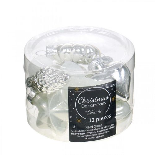 Floristik24 Mini kalėdinių eglučių papuošimų mišinio stiklas baltas, sidabrinis asorti 4cm 12vnt