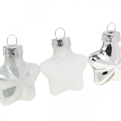 Floristik24 Mini kalėdinių eglučių papuošimų mišinio stiklas baltas, sidabrinis asorti 4cm 12vnt