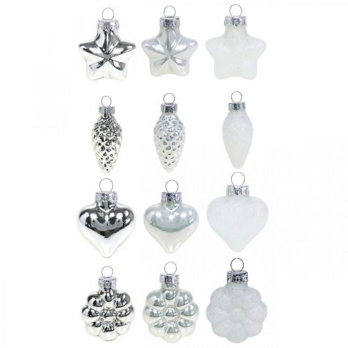 Floristik24 Mini kalėdinių eglučių papuošimų mišinio stiklas baltas, sidabrinis asorti 4cm 12vnt