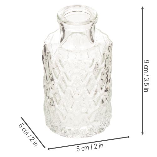 Mini stiklinė vaza su rombo raštu, maža stalo vaza, butelis, permatoma, 9 cm, 6 vnt. | Floristik24.lt