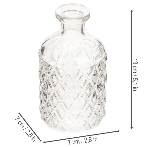 Stiklinis butelis su rombo raštu, dekoratyvinis butelis, vaza, mažas, 13 cm, 6 vnt. | Floristik24.lt