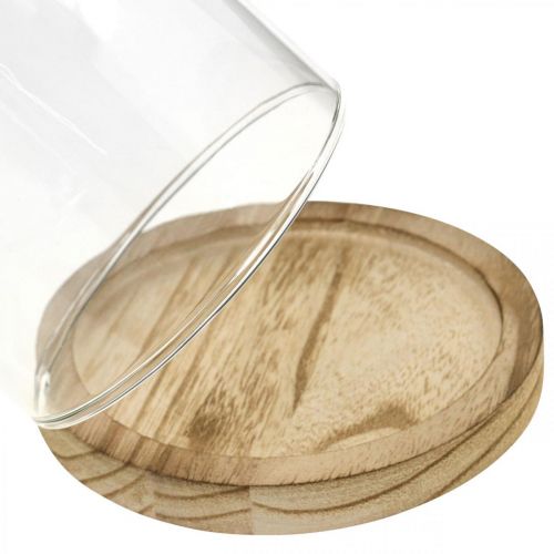 daiktų Dekoratyvinis varpas, stiklinis kupolas su medine lėkšte, stalo apdaila H16cm Ø12,5cm