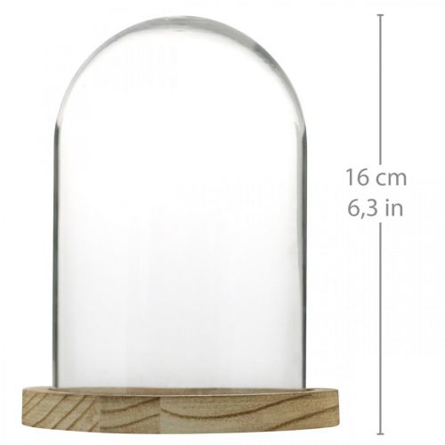 daiktų Dekoratyvinis varpas, stiklinis kupolas su medine lėkšte, stalo apdaila H16cm Ø12,5cm