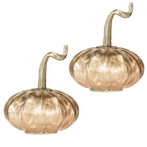 Floristik24 Stiklinis stalo dekoras su moliūgų atspalviu, rudeninis, stiklinis, metalinis, aukštis 14 cm, 2 vnt.